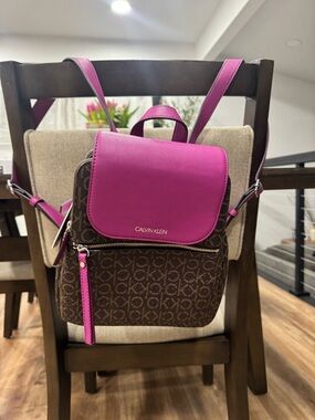 Calvin Klein Brown Monogram Backpack with Pink Flap